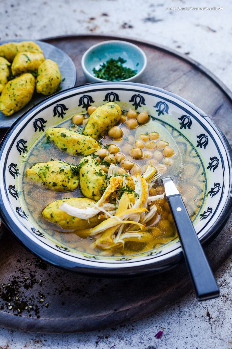 Persian chicken soup with Ghondi dumplings, chickpeas and saffron | GourmetGuerilla.com